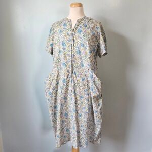 Vtg 40s 50s Blue Floral Calico Zip Front House Midi Dress Pockets Short Sleeve
